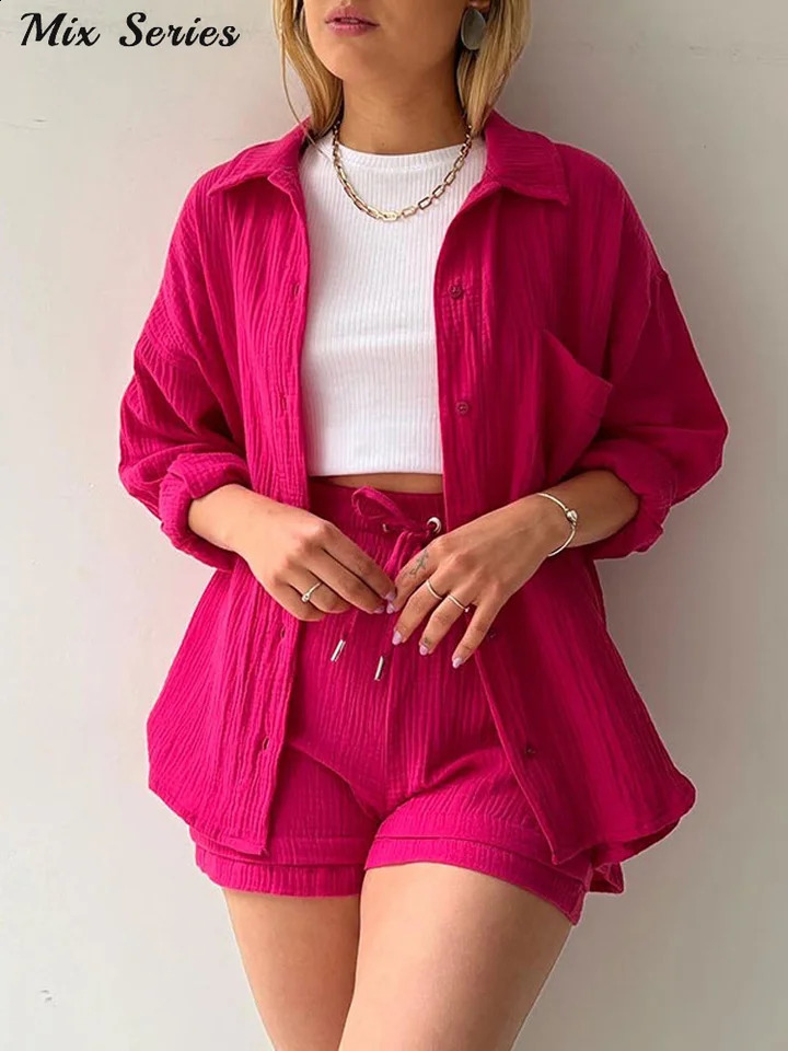 Solid pleated collar top shorts set for women oversized single chest full sleeved shirt lace pants spring womens clothing 250318
