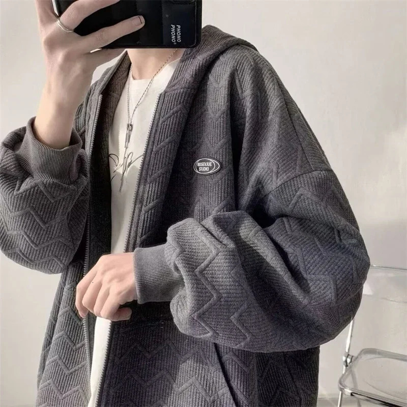 Mens autumn jacquard zipper hooded sweatshirt Korean fashion street cardigan casual oversized Y2K retro jacket 250320Z