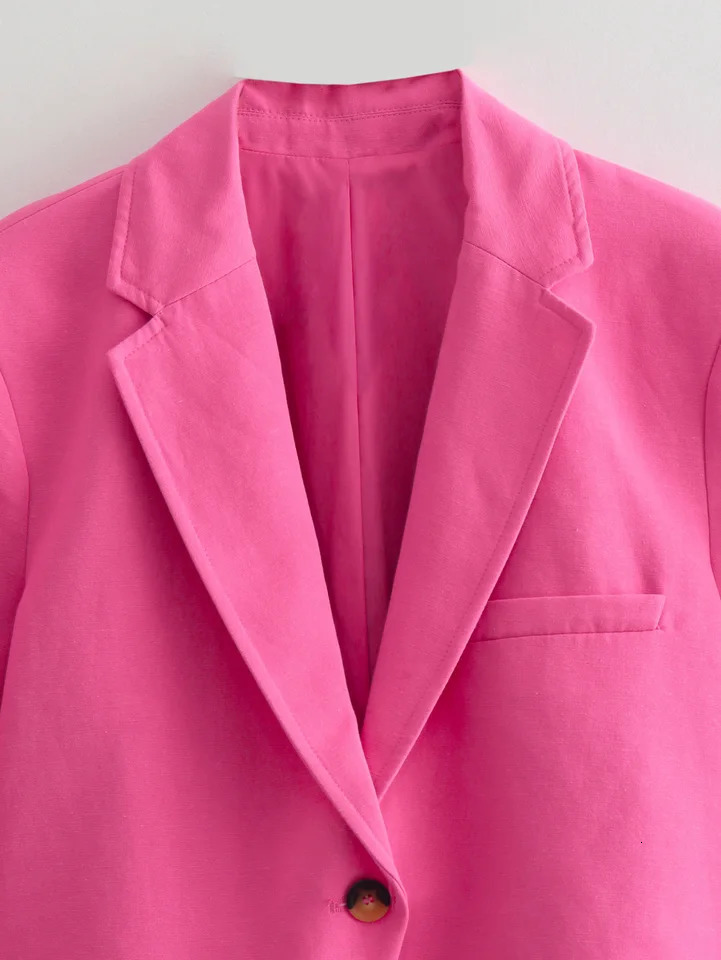TRAFZA Women Cropped Blazer Coat Sweet Pink Single Button Long Sleeve Slim Jacket Spring Autumn Female Commuting Suits Outwear 250314