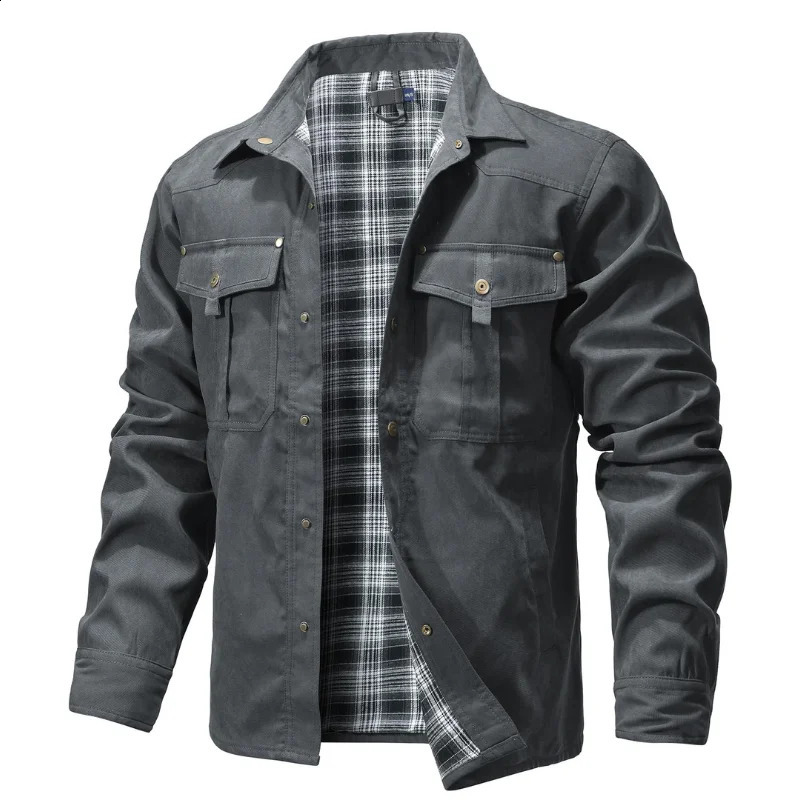 Mens Jackets Spring Flannel Lined Shirt Coat Shacket Casual Snap Button Overshirt Western Cowboy Style High Quality 250317