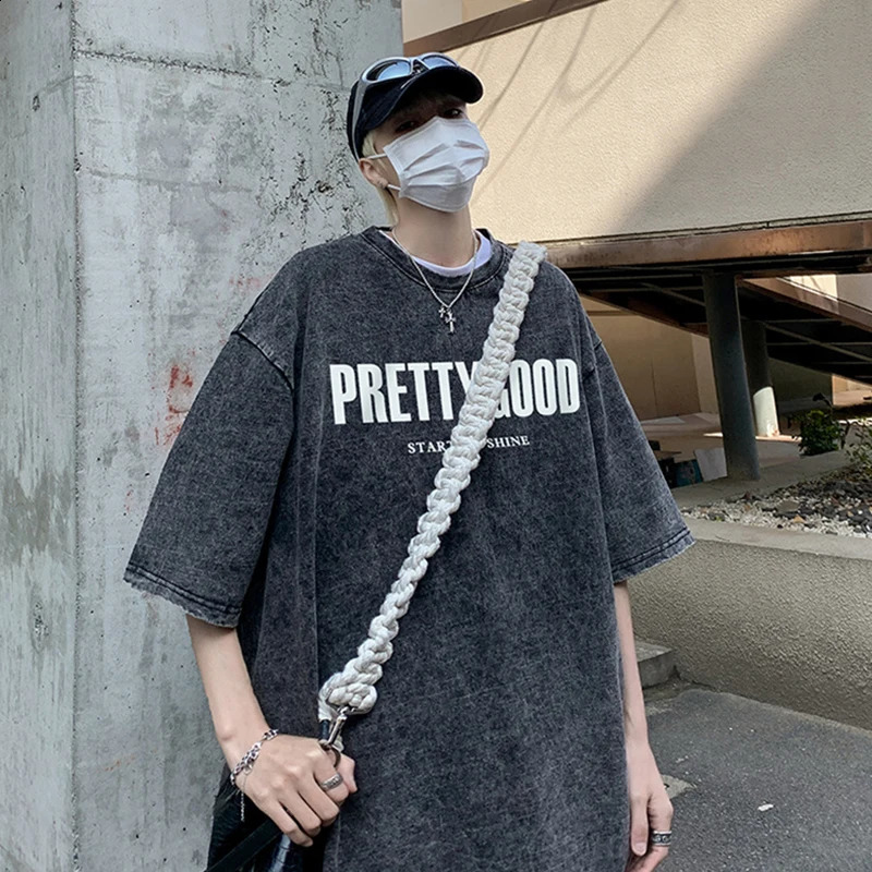 Summer pretty good letter print tshirt mens retro Distressed short sleeved ultrafine cotton Y2K streetwear 250319