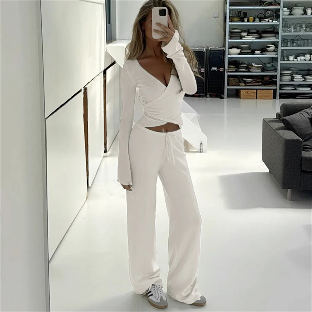 2025 casual suit crop tie top 2piece pants set womens sweater sexy elegant pink solid twopiece tracking 250319