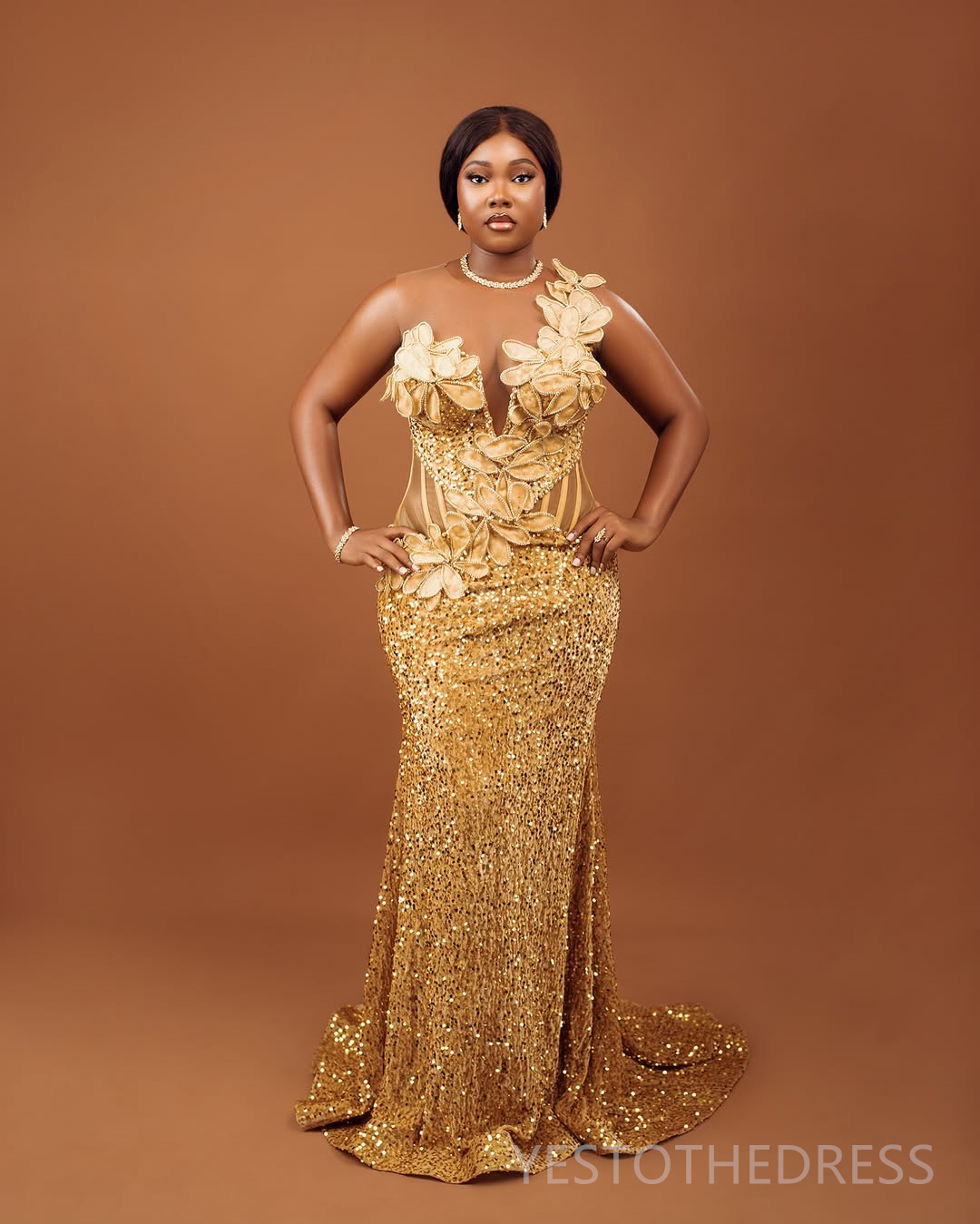 Plus Size Aso Ebi Gold Prom Dresses 2025 Mermaid Prom Dress For Special Occasions Sheer Neck Flora Illusion Beaded Lace Birthday Second Reception Gown