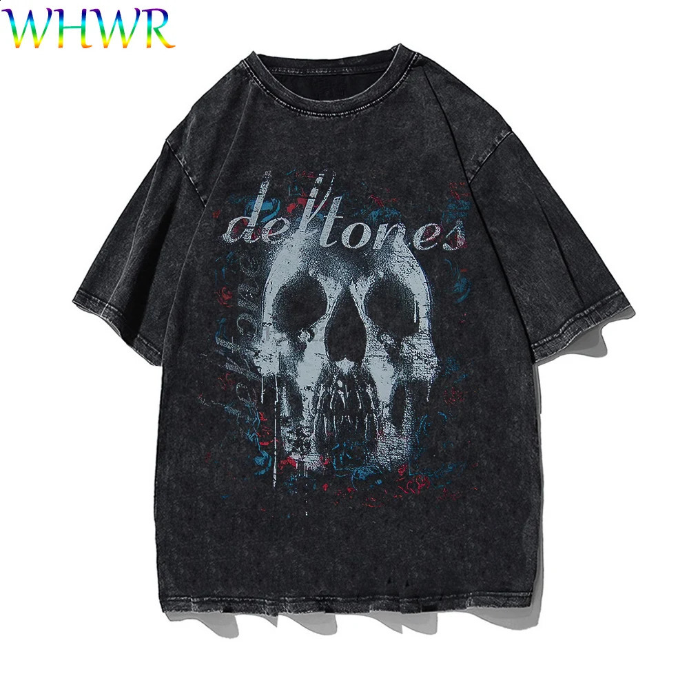 Gothic Cotton T-shirts Oversize Vintage T Shirt Casual Skeleton Ptint Tshirt Men Washed Short-sleeved Tee Streetwear Y2k Tshirts 250317