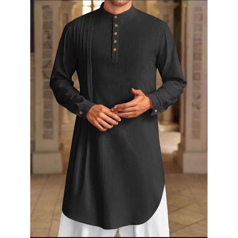 2025 New Arab Malaysian Men's Button Cotton And Hemp Shirt Muslim Robe