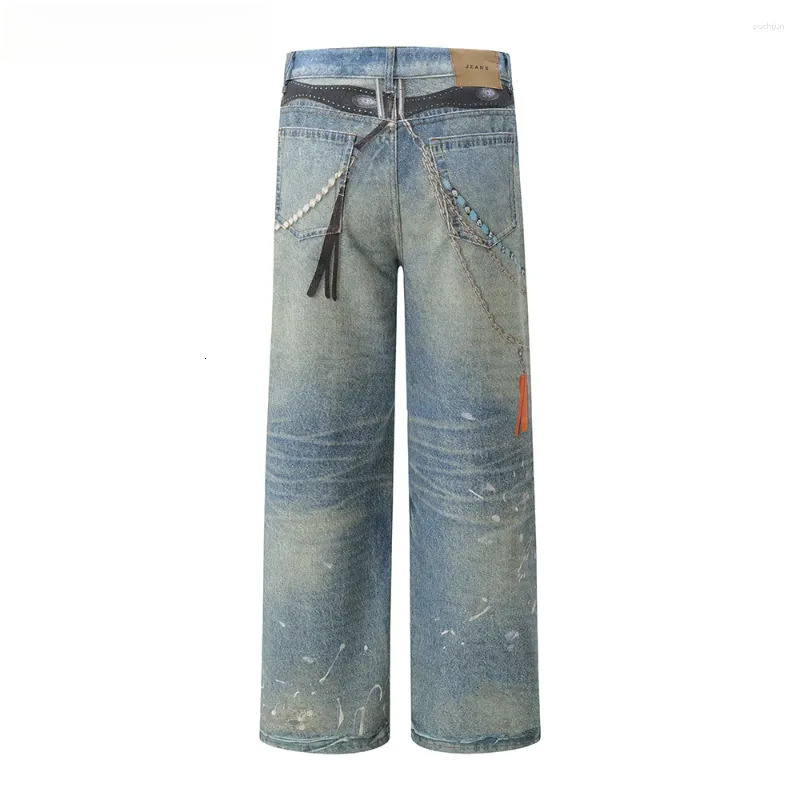 2025 S Fashion Designer Men S Jeans Chain Print Mens Washed Distressed Hip Hop Streetwear Loose Straight Wide Leg Denim Pants Men