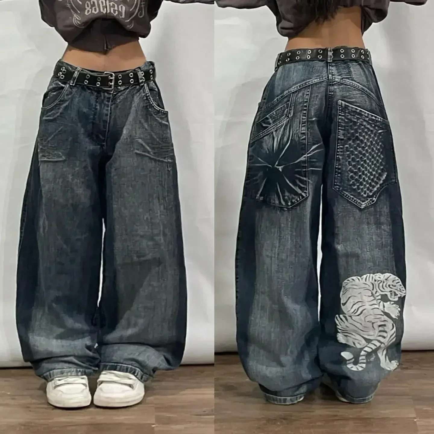 Street Y2K Fashion Punk Pattern Print Straight Jeans Women Harajuku Casual Loose High Waist Slim Wide-leg Pants Couple Jeans 250319