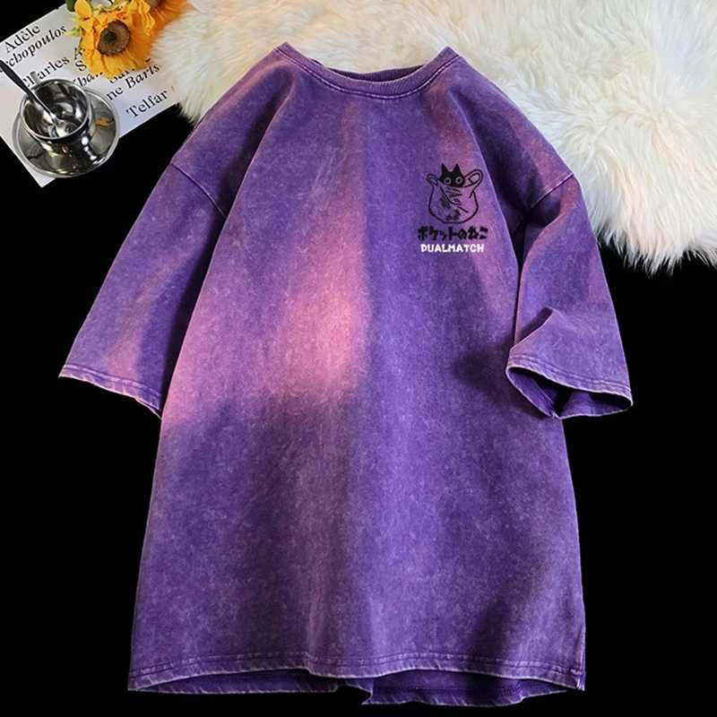Men Women Cartoon T-Shirt Vintage Summer Harajuku Kawaii Cat Print Short Sleeve Tees Couple Streetwear Loose Clothes Cotton TopsT250320