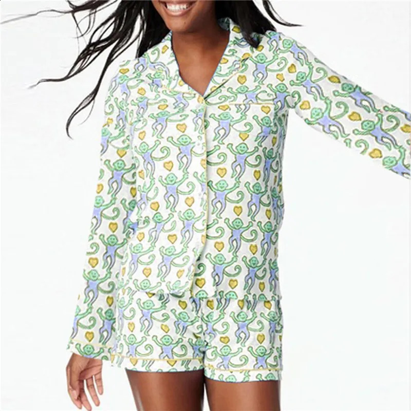 Y2k Monkey Pajamas for Women Hearts Printed Long Sleeve Roller Pants 2 Piece Set Rabbit Aesthetic Cute Preppy Pjs 250319