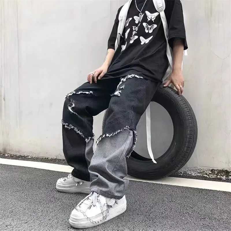 Korean fashion ripped jeans pants mens ripped hole Trouser casual soft fashion formal pockets straight denim TrouserT250319