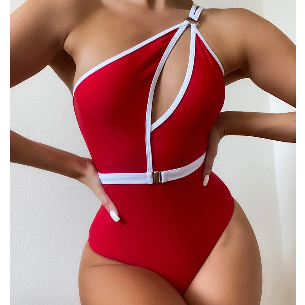 VigoCasey Hollow Out One Shoulder Swimwear Women Sexy One Piece Swimsuit Female High Waist Monokini Solid Belt Bathing Suit 250319