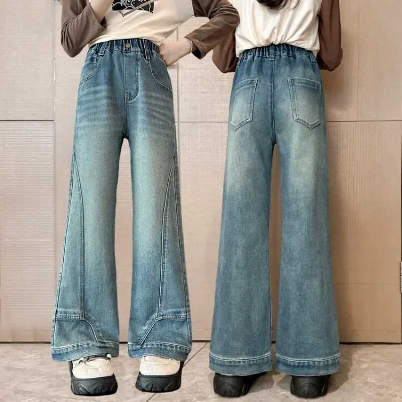 Spring and Autumn 2024 Girls Straight Leg Wide Leg Jeans Childrens Big Children Girls Teenagers High School 12 Year Old Blue PantsT2502320