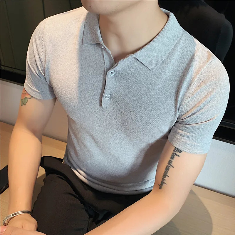 British style summer knitted polo shirt solid color slim fit elastic short sleeved mens business social polo streetwear 250317