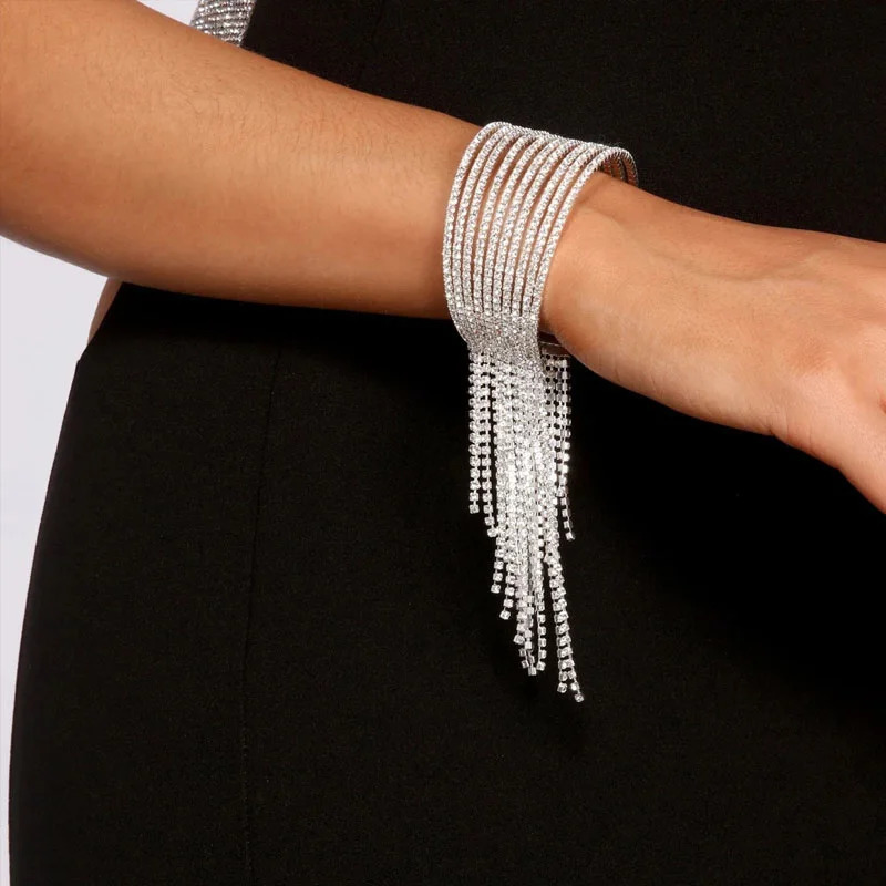 Stonefans Fashion Long Tassel Rhinestone Bangle Bracelet for Women Boho Multi Layer Bracelet Bangle Hand Jewelry Accessories 250320