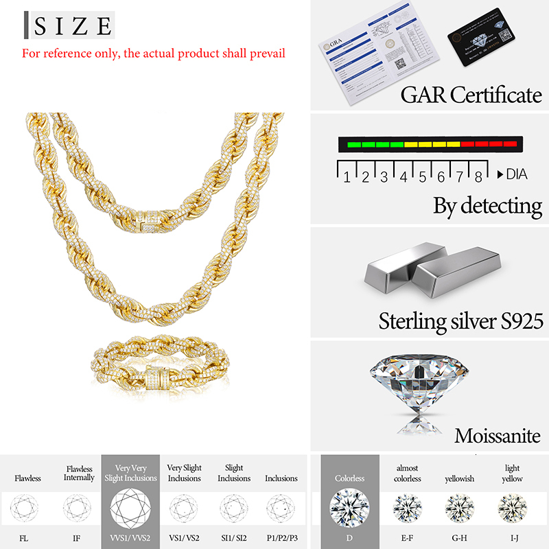 High Quality Rope Chain Man Moissanite Necklace S925 Silver For Mens Hip Hop Jewelry