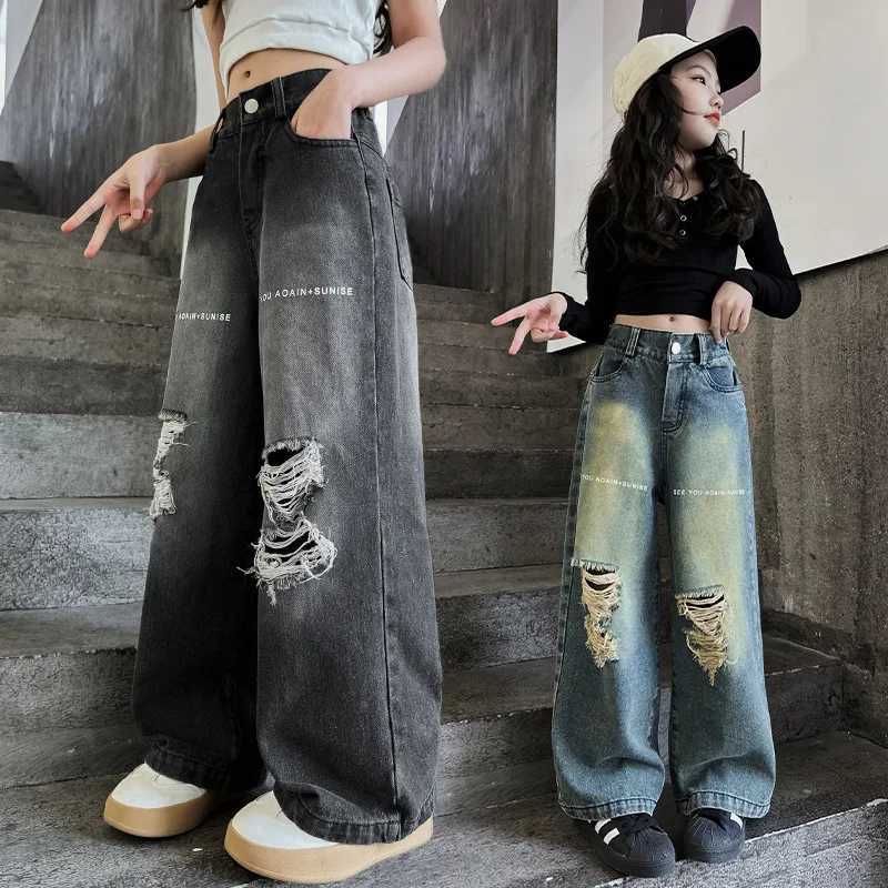 2024 Autumn Fashion Loose Straight Pants for Girls Hole Wide Leg Jeans for Teenagers 100 Casual Streetwear Simple Childrens Trojan HorseT250326