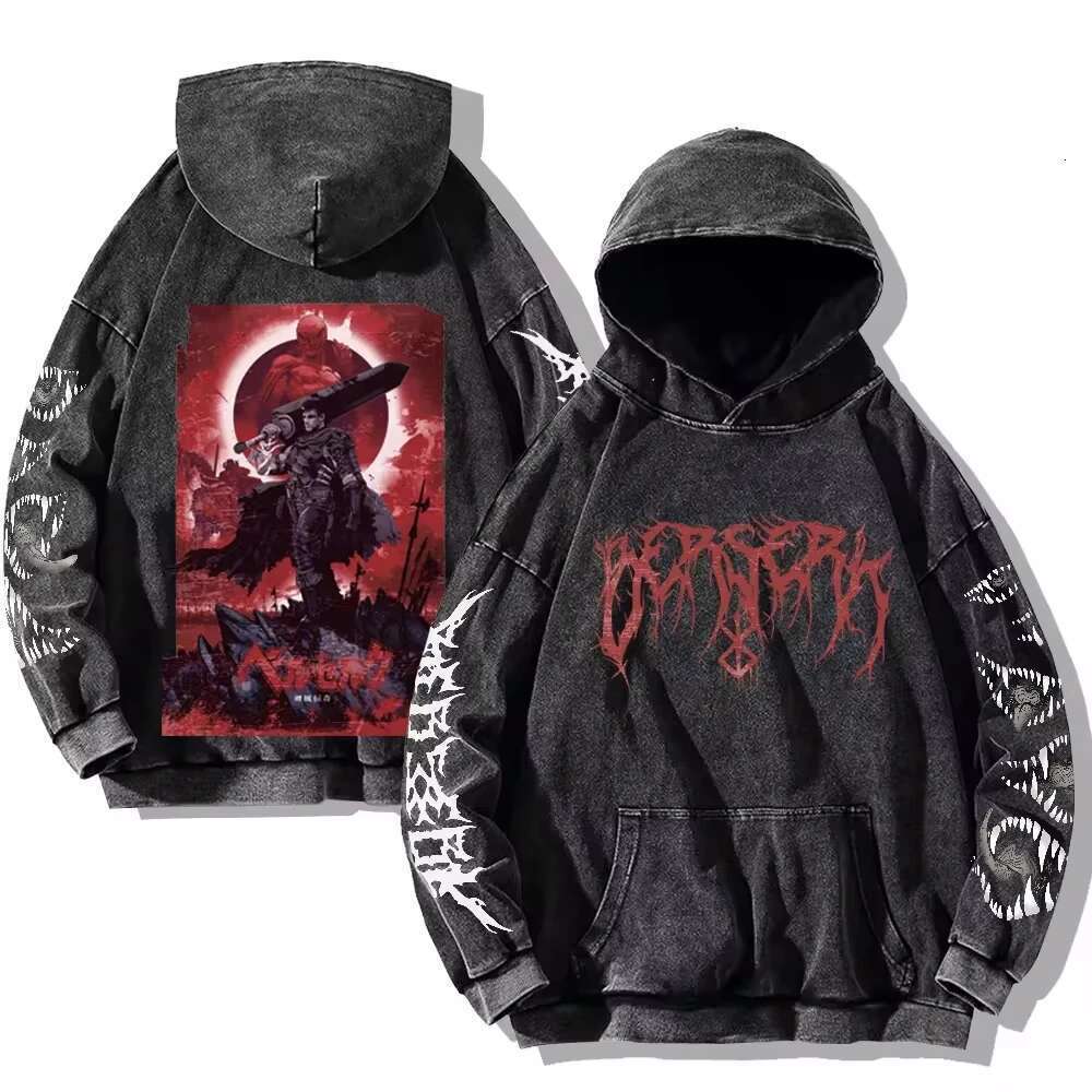 Men's Berserk Hoodie Retro Gothic Printed Washed Hoodie Hip Hop Street Clothing Cotton Sportswear Harajuku Casual Hoodie