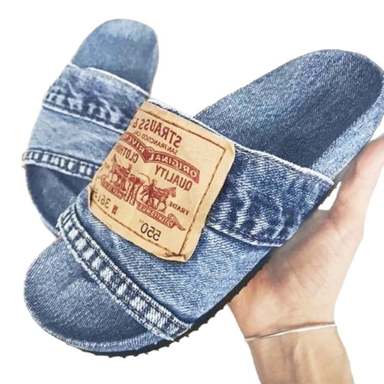 New 2025 women's sandal pure color leisure denim peep-toe flat low-top slippers for beach