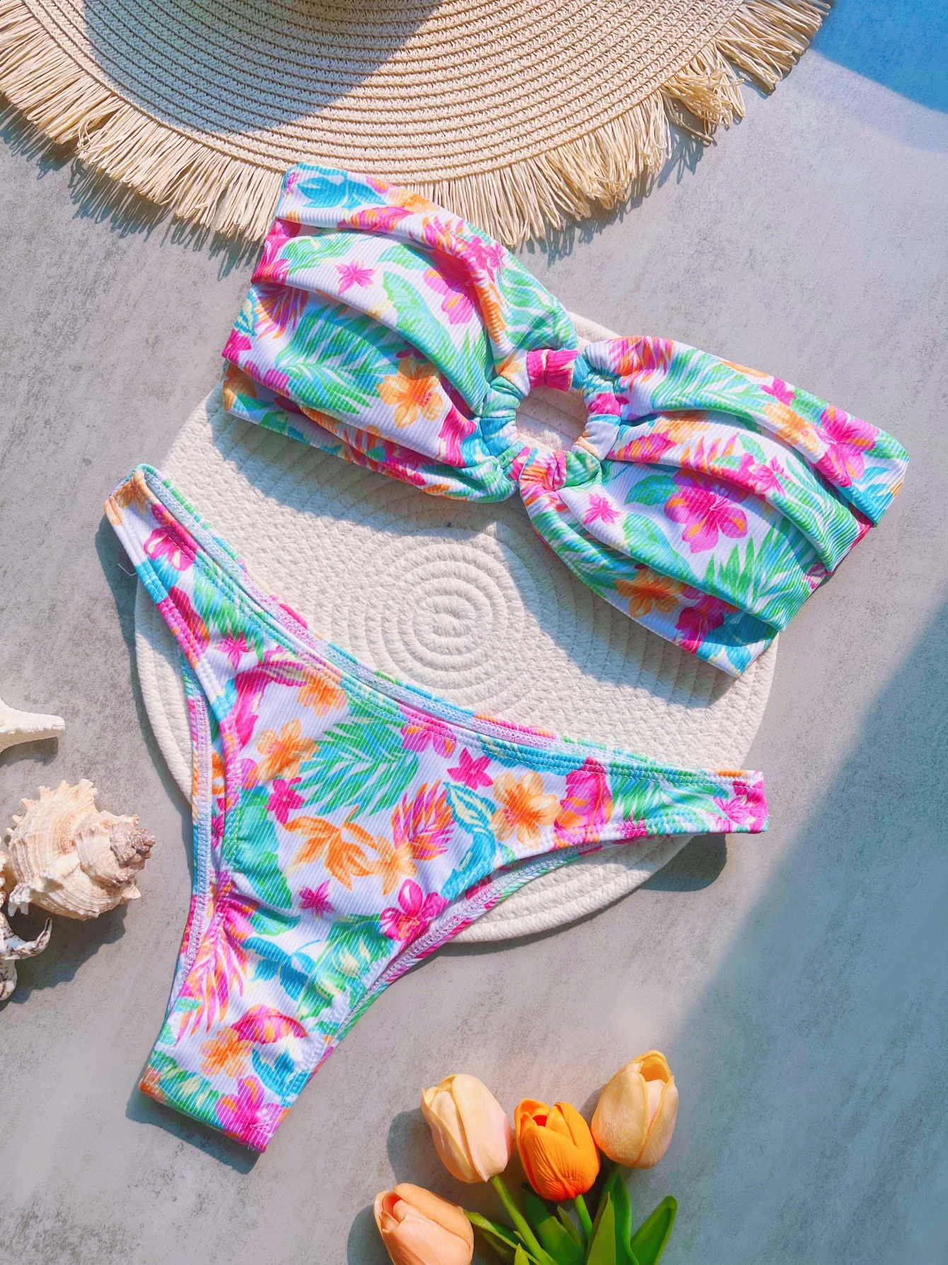 Factory printed Bandeau long leg cut bikini womens swimsuit twopiece set bathroom 250319