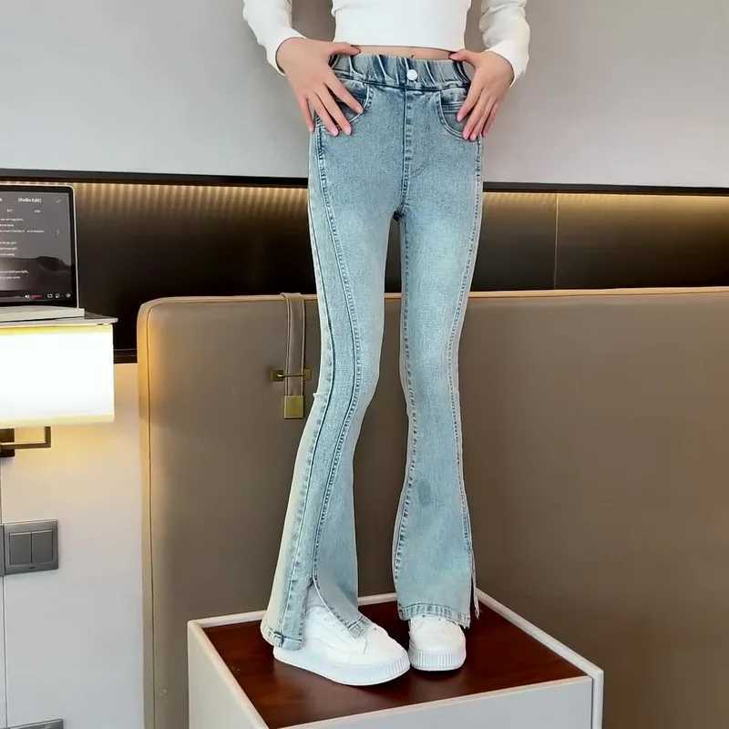 New Arrived Korean Child Flare Jeans with Slits For Girls Retro Blue Boot Cut Denim Pants Kids Teenager Classic Jeans TrousersT250326