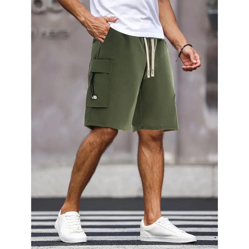 Summer Mens Cargo Shorts Multiple Pockets Casual Shorts Running Solid Color Elastic Waist Drawstring Short Pants Streetwear 250320