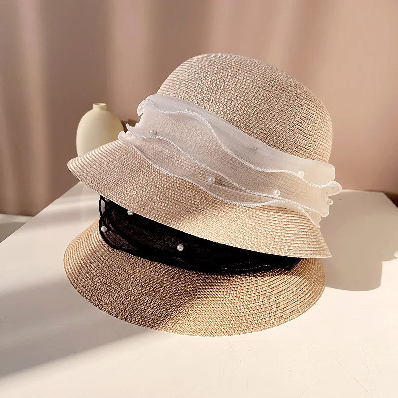 High Quality Summer Straw Hat 2025 Women Elegant Pearl Bow Hepburn Style Sun Hat Outdoor Folding Sun Protection Beach Hat 250320