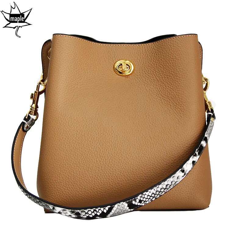 Fashion Designer Serpentine Handle Bucket 100% Cowhide Leather Women's Shoulder Crossbody 2 Straps Hand Bag Blue