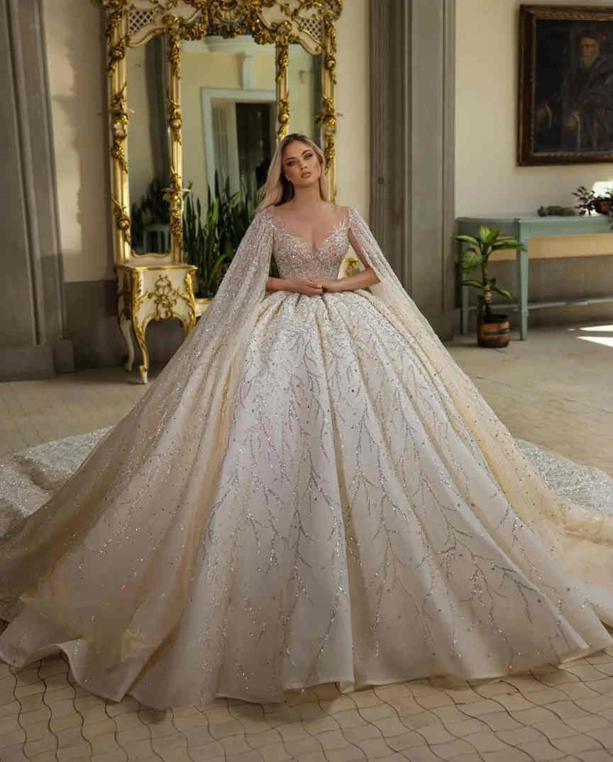 Luxurious Beaded Wedding Dresses Ball Gown Glitter V Neck Vestido De Noiva Crystal Sequined Bridal Dress Customized
