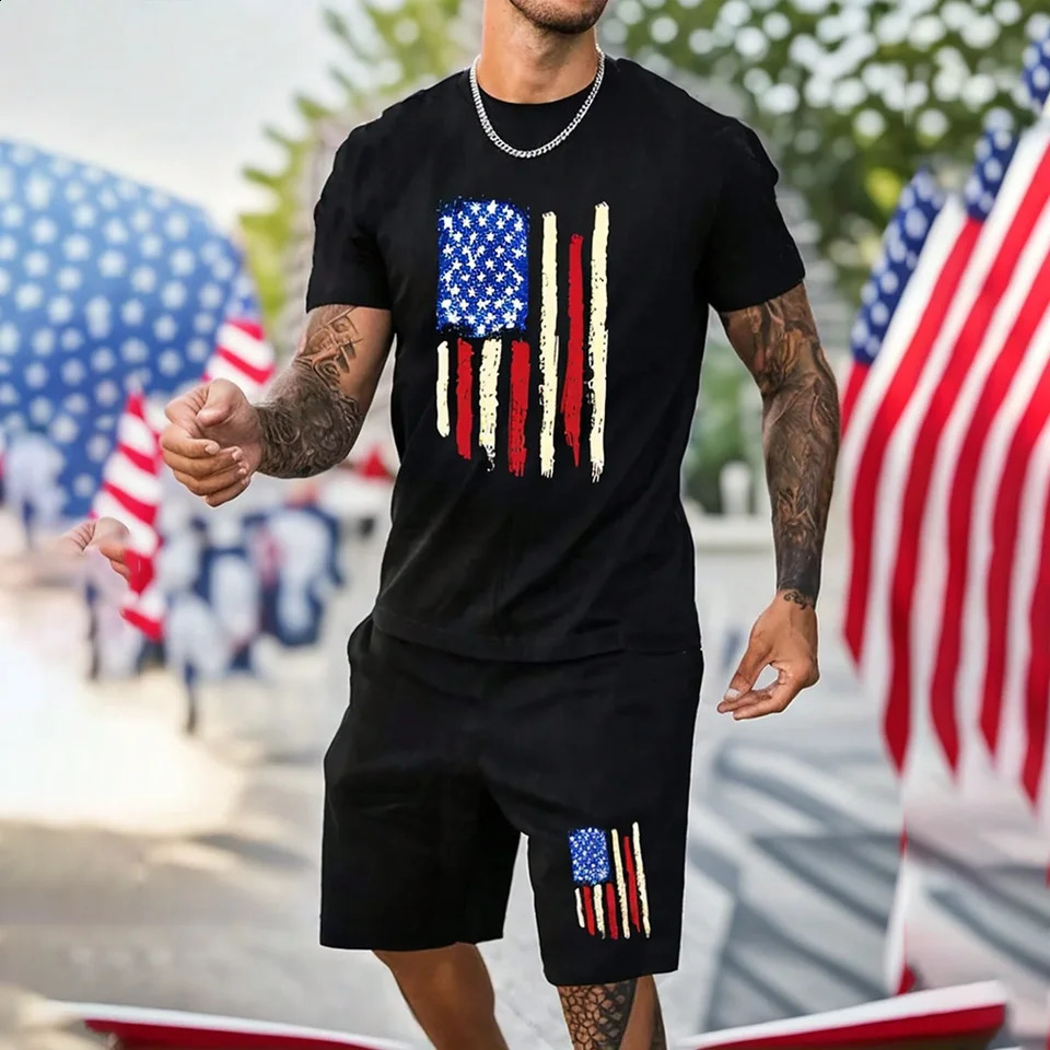 North American Fashion Mens Casual Set with Printed Patterns Lightweight and Breathable Sporty and Lightweight Breathable Sh 250319