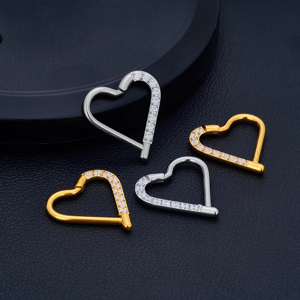 10Pc ASTM F136 Daith Heart Earring Hoop Cartilage Tragus Helix Rings Hinged Segment Hoop with Clear CZ 250228