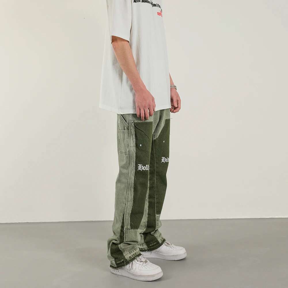 Designer Jeans Vintage Green Distressed Patch Men's Horn Jeans Hip-hop Ink Block Color Street Wear Casual Slim Fit Wide Jeans Y2k Green Jeans