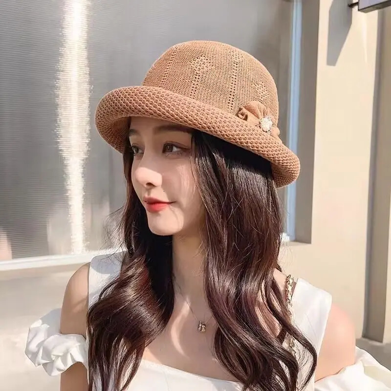 Arrival Sun Hat Female Beach Sunscreen Cap For Women Summer Curled Pearls Straw Cap Breathable Knitted Bucket Cap 250320