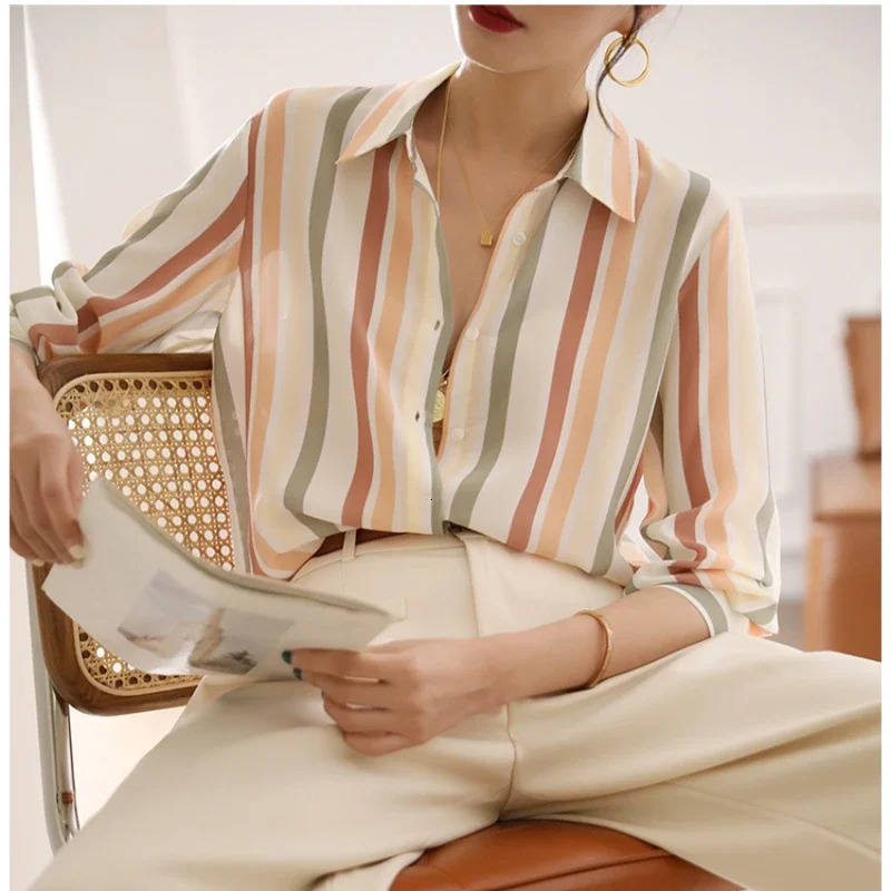 Stripe Women Shirt Satin Vintage Shirt for Women Autumn Clothes Korean Fashion Shirts and Blouses Basic Elegant Womens Tops 250320
