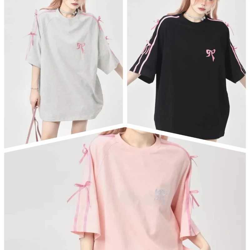 Korean style sweet bow loose womens short sleeved design T-shirt 2024 trendy high-end sweet and chic embroidered topT250320