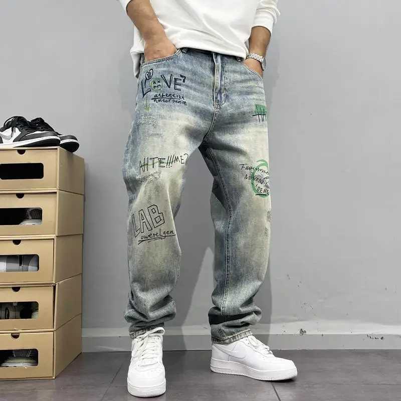 Personalized printed straight leg jeans with retro street style in the United States suitable for mens loose suits washed street hip-hop pantsT250319