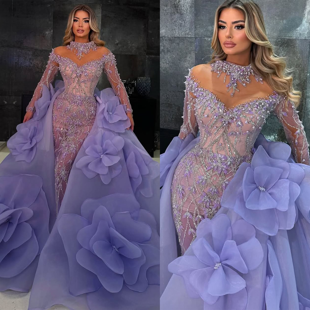 Exquisite Evening Dresses Pearls Beading Prom Gowns with Detachable Train Sequins Long Sleeves Customized Princess Sweep Train Party Dress Vestidos De