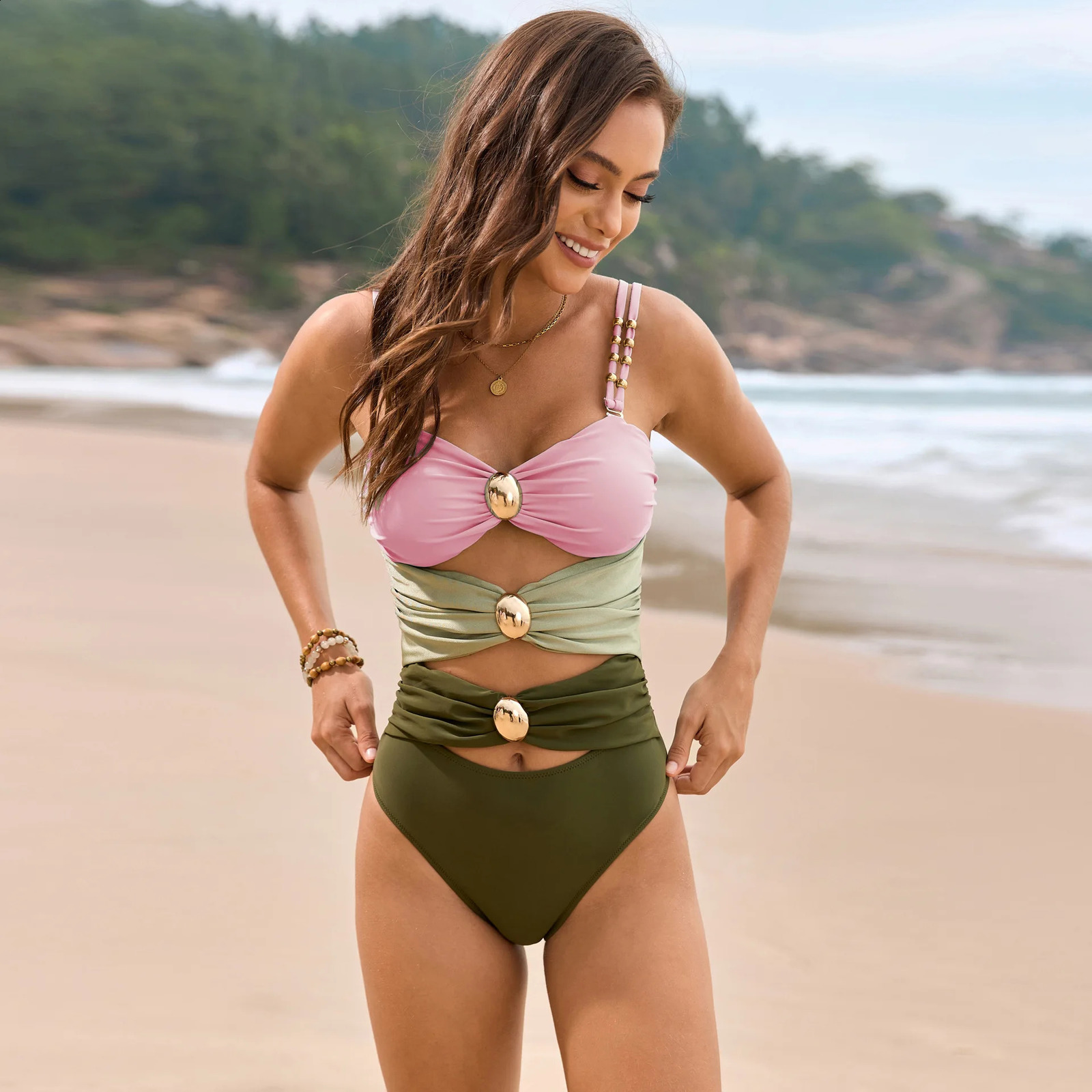 LeleDolfin 2025 Swimsuit Solid Color Splicing Buckle Single Piece 250312