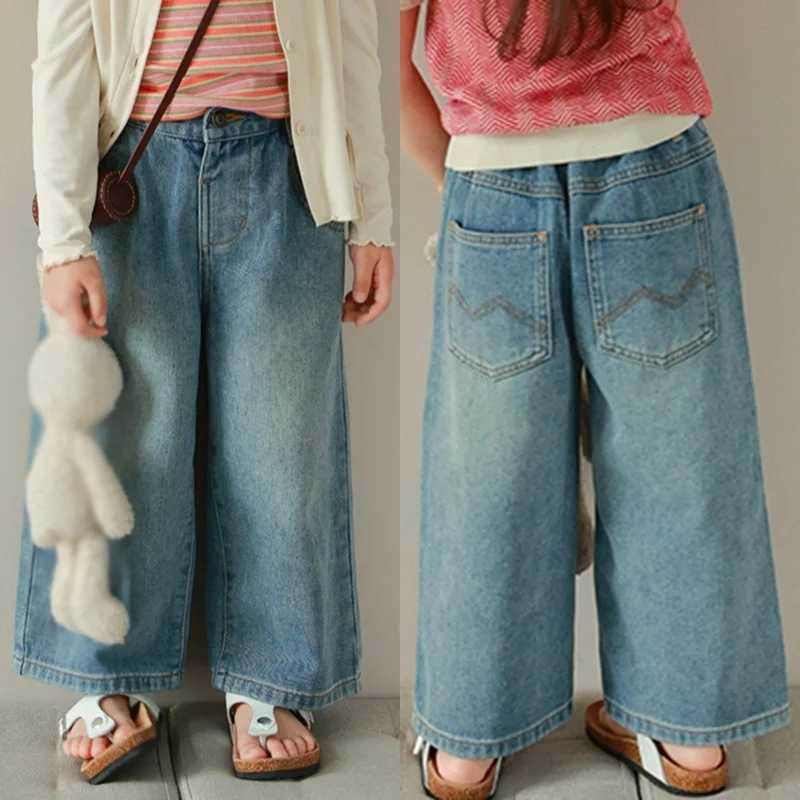 Autumn childrens high waist wide leg jeans suitable for 3-8Y girls solid multi pocket elastic waist jeans casual and fashionable childrens jeans Trous
