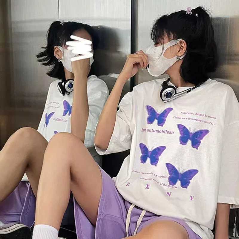 Oversized Womens T-shirt Aesthetic Purple Butterfly Letter Printed Graphic T-shirt Y2k Fashion Short Sleeve HarajukuT250320