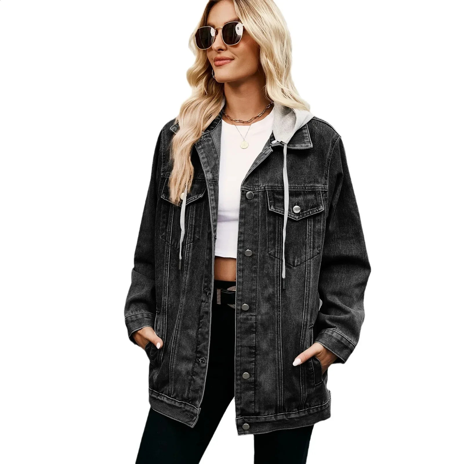 Womens denim jacket lapel streetwear Y2k top cardigan wool sweater blue jeans basic loose buttons retro style 250319