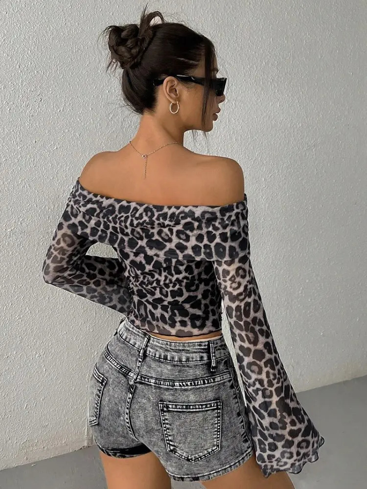 Lygens Leopard Print Long Sleeve Mesh Ruched Slim Crop Tshirt Top Casual Clothes Sexy Y2K Streetwear Manufacturer 2024 250311