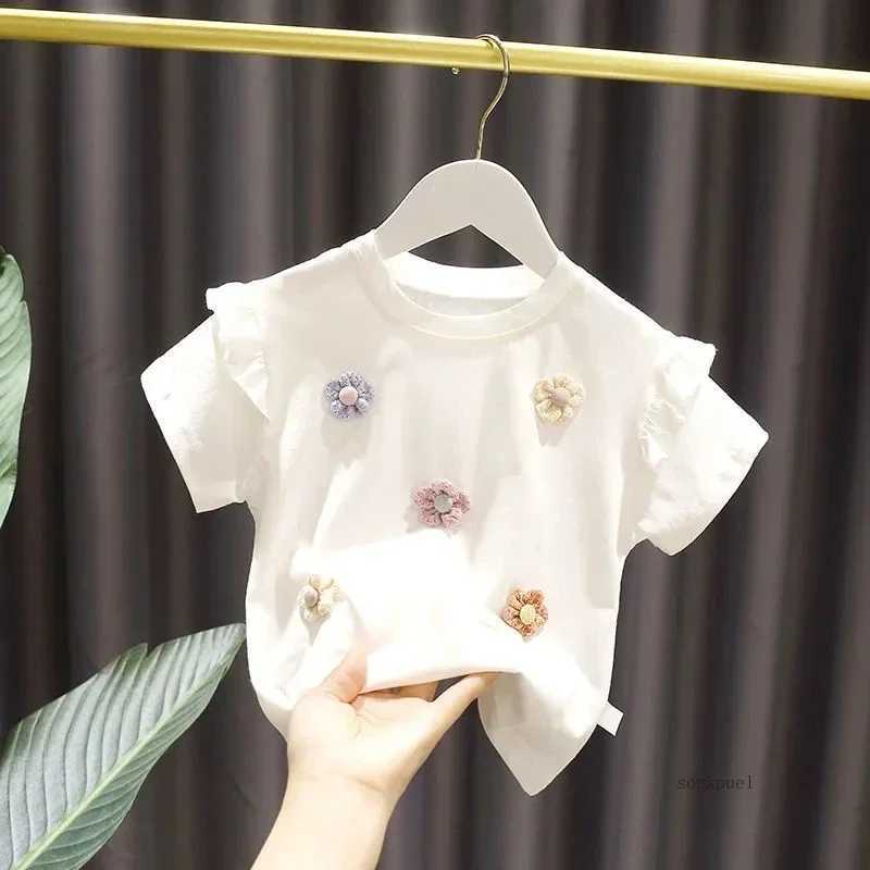 Summer girl T-shirt new childrens baby cute lace short sleeved top little girl cotton bottom shirtT250320