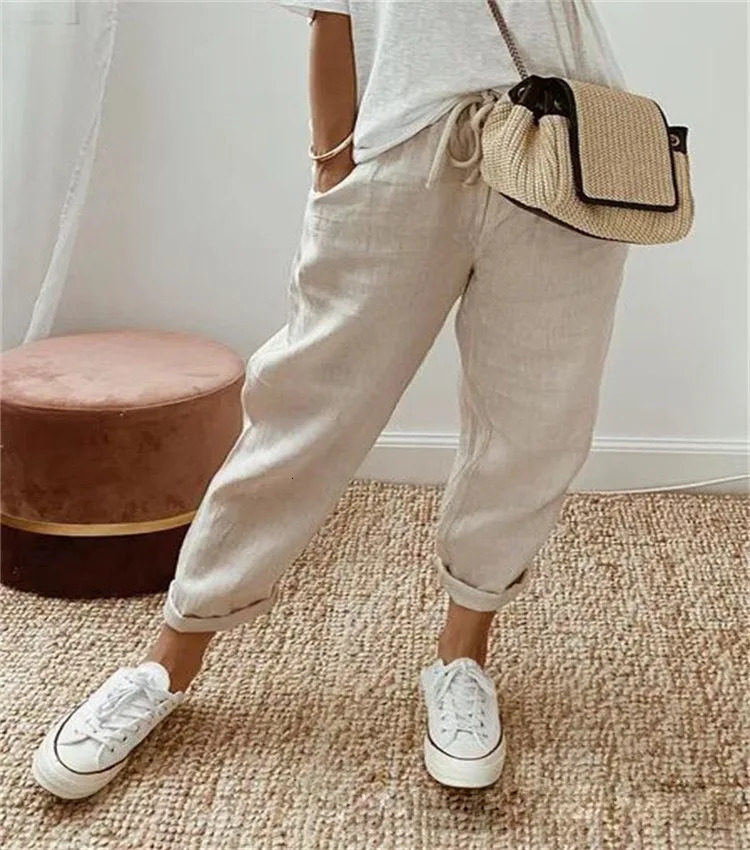 Womens Cotton Linen Pants Spring Summer Solid Elastic High Wasit Pockets Nine Points trouser Ladies Loose-fitting Lace Up Pants 250320