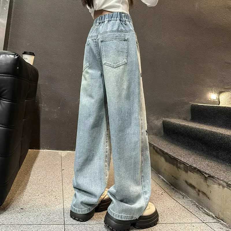 2025 Spring New Kids Jeans Trousers Child Casual Jeans with Bow Embroidery for Girl Fashion High Street Denim PantsT250326