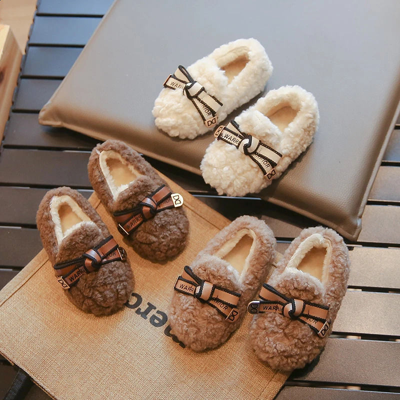 Children Winter Loafers Bowtie Fleece Leisure Slip-on Kids Flat Shoes Warm Round Toe Fashion Three Colors Girls Shoe 21-36 250319