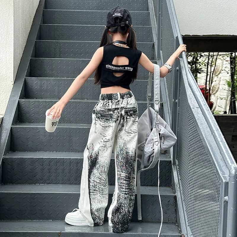 Teenage girl hole tie dyed jeans big padding young man big tear wide leg pants teenage children sleeveless topT250326