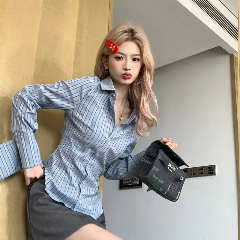 Long Sleeve Striped Shirt Slim Fit Waist-Fitted Top Womens Factory Direct Sales Cross-Border Foreign Trade Exclusive 250320