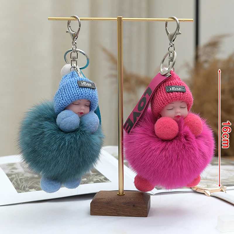 Pompom Sleeping Baby Keychain Cute Fluffy Plush Doll Keyholder Women Girl Bags Keyrings Cars Key Ring Gift Charming DecorationXJ250319