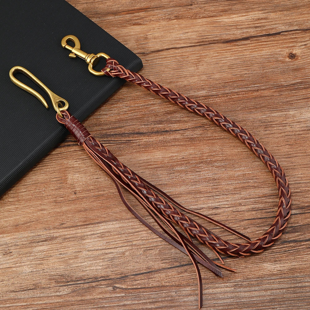 1Piece vintage genuine leather braid Pants Chain mens wallet chain 250320