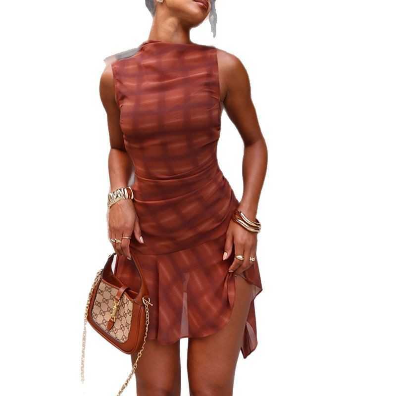 Fashion women's new style temperament mid waist pleated short skirt plaid printed dress 250315